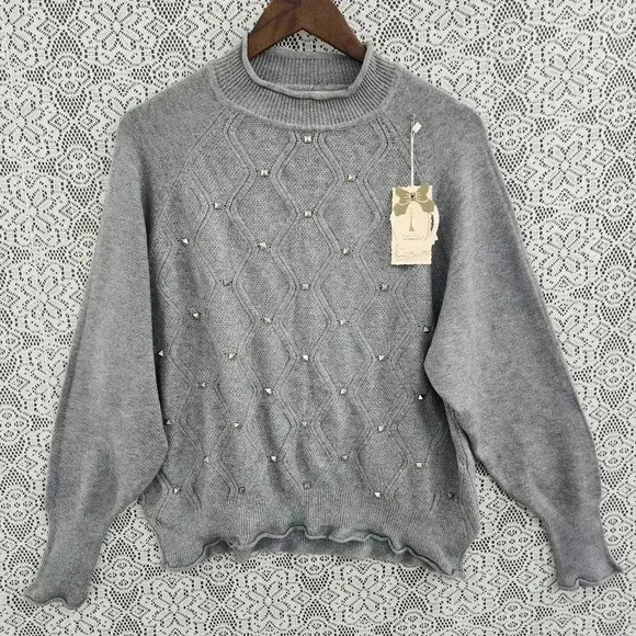 NWT Estudio Moda Tu Mock neck Studded Sweater Women's L Gray - Picture 1 of 9